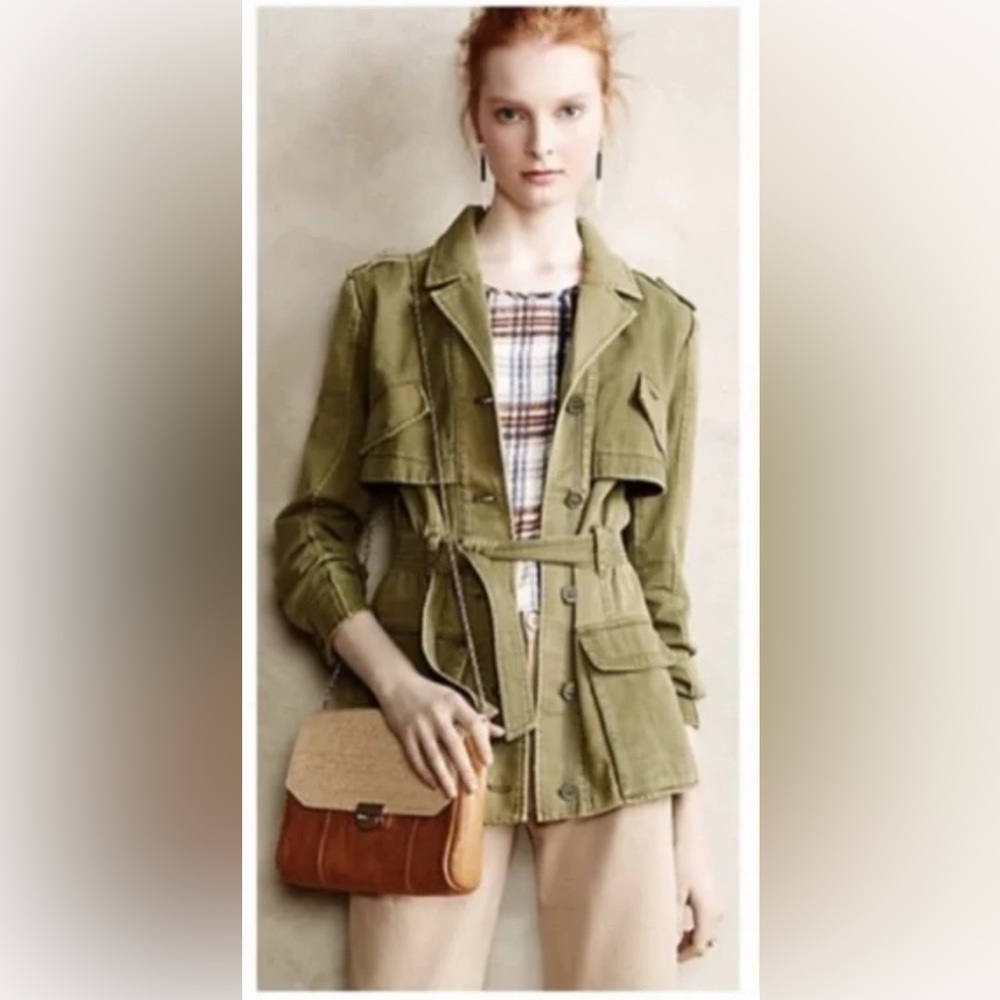 Hei Hei Anthropologie Army Green Ruffle Anorak Jacket military coat Olive Belt S
